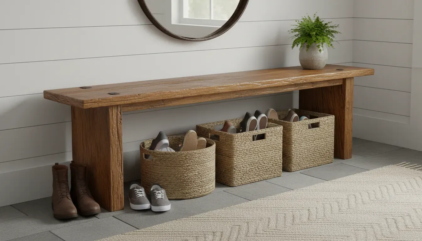 A rustic wooden entryway bench with woven baskets underneath for shoe storage