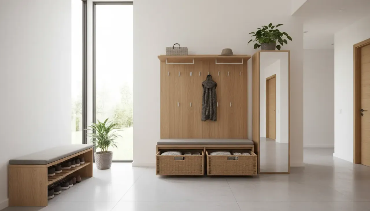 A modern dual-purpose entryway storage bench featuring hidden compartments and comfortable seating in a well-lit foyer