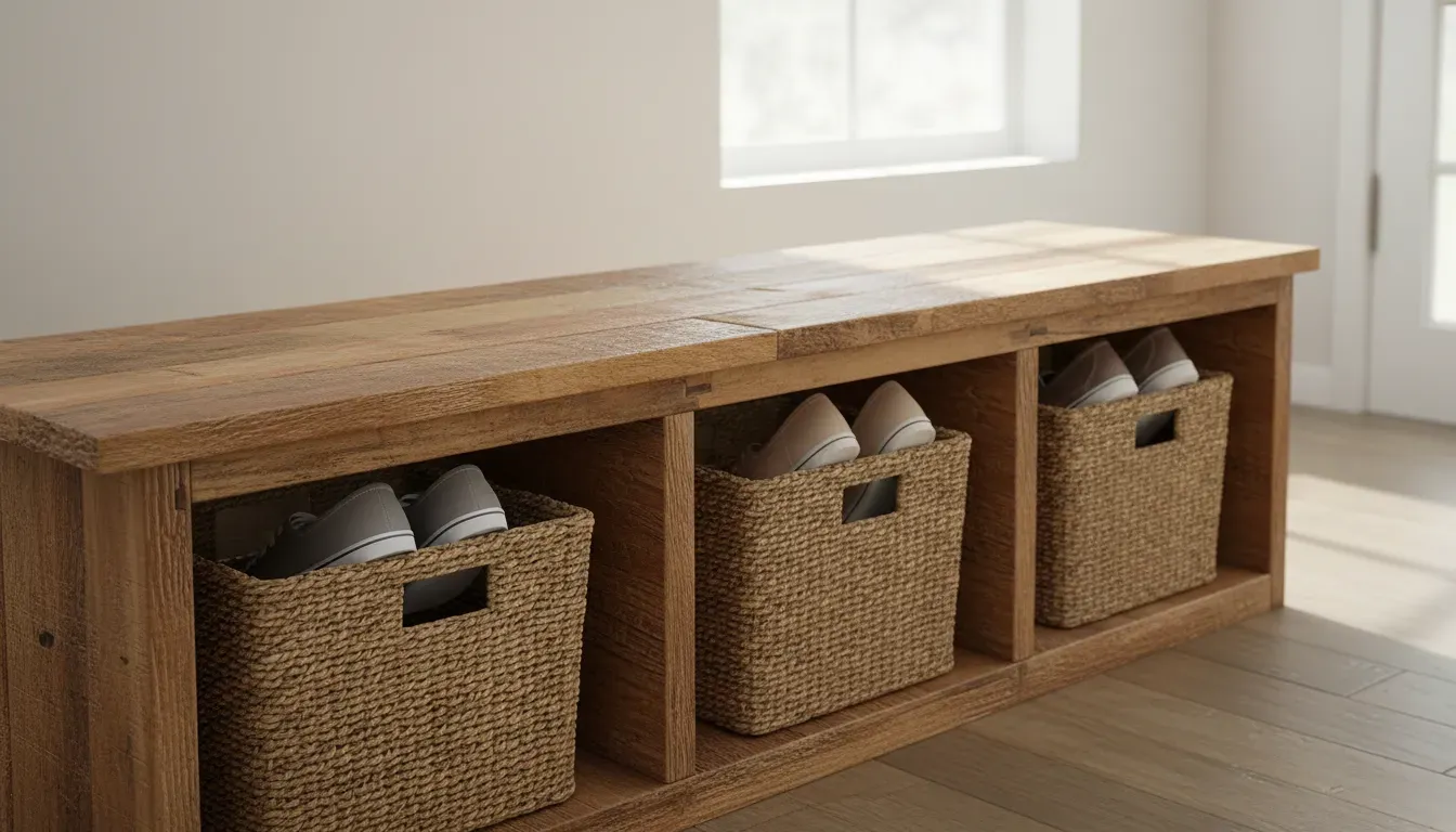 Close up detail of a reclaimed wood bench showing open cubby storage with wicker baskets for shoes