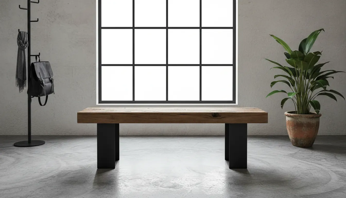 A modern industrial entryway bench with black metal legs and a thick reclaimed timber seat placed on a concrete floor