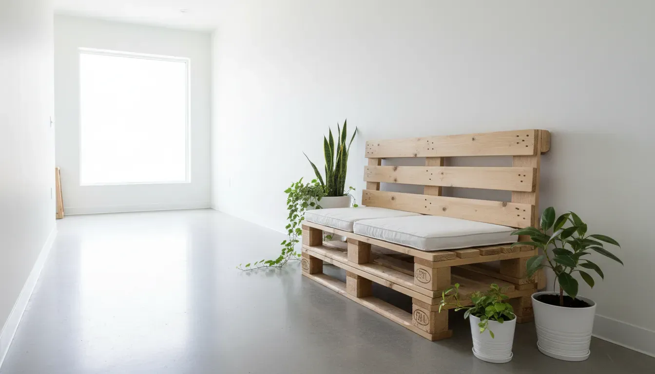 A bright minimalist hallway featuring a DIY style pallet wood bench with white cushions and potted plants