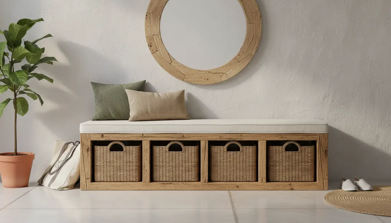 A rustic entryway featuring a reclaimed wood bench with shoe storage underneath, set against a white shiplap wall with warm lighting