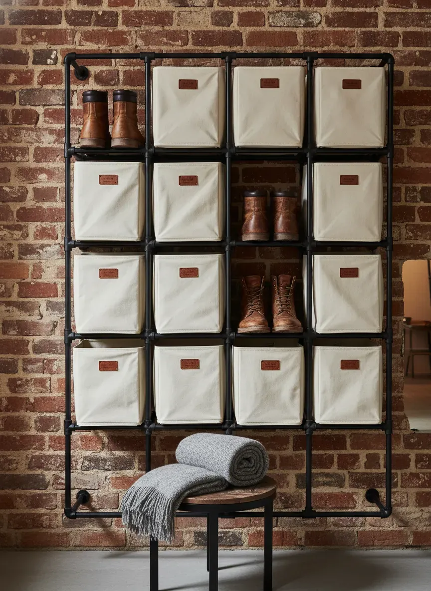 A striking entryway featuring a grid of black metal pipe cubbies against an exposed brick wall, holding canvas bins and leather boots.