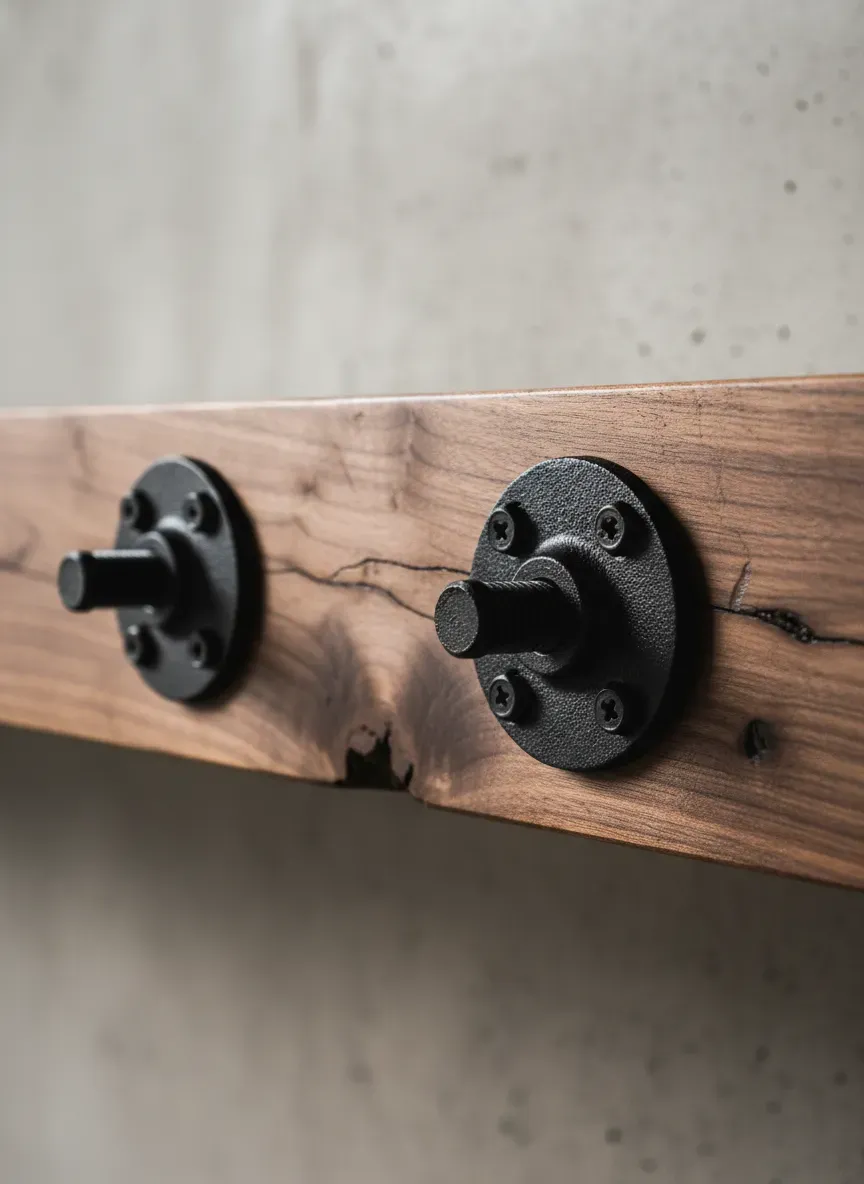 Detailed close-up of heavy-duty black iron flanges bolted into a thick, distressed walnut shelf, showcasing industrial hardware.