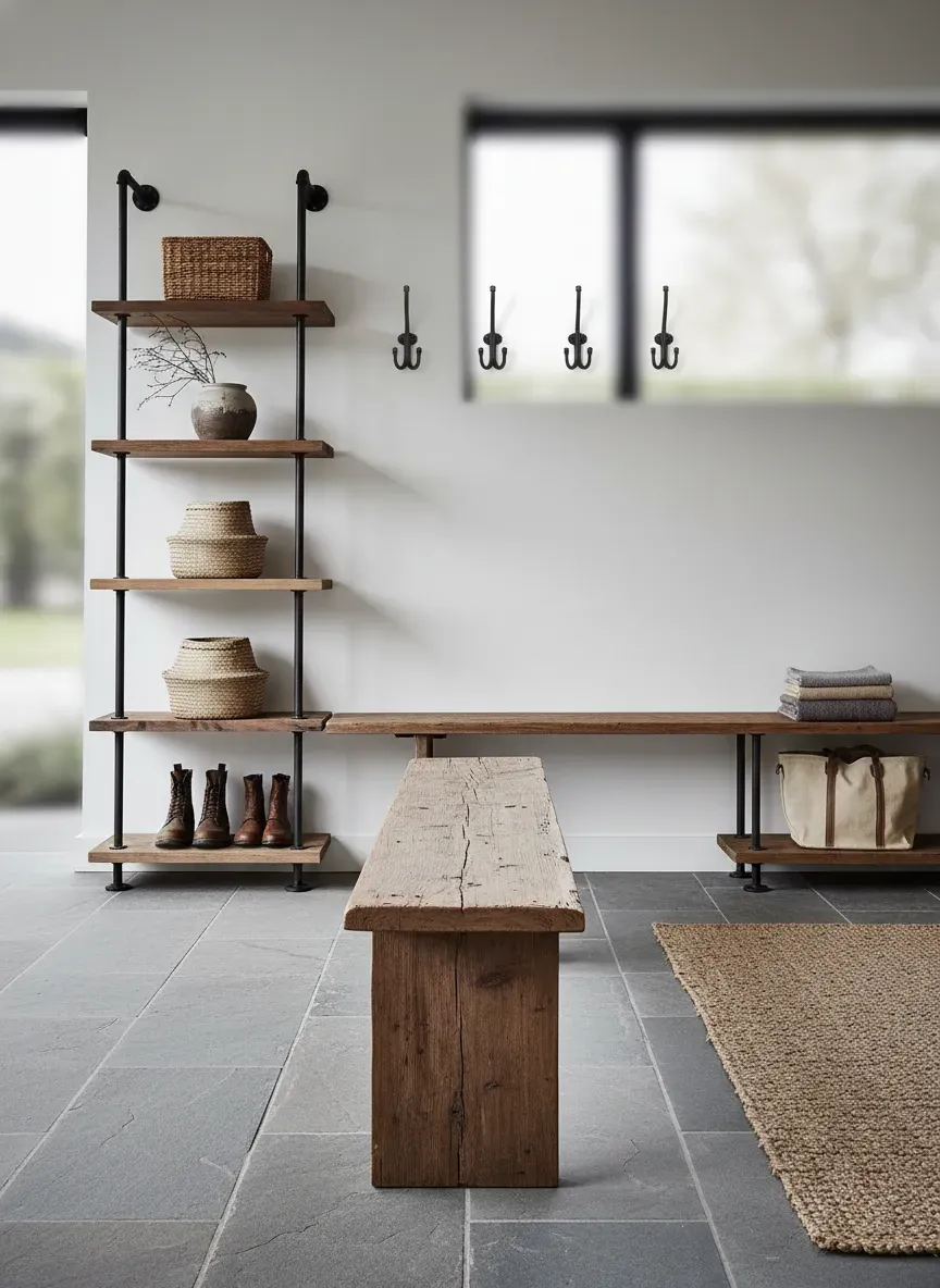 A wide shot of an asymmetrical mudroom layout. A rustic wood bench sits beneath heavy metal coat hooks, flanked by a tall, open-concept iron pipe shelving unit.