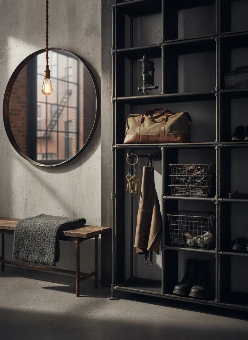 Professional SEO visualization for Edgy Industrial Mudrooms: Metal Pipe Cubbies and Urban Storage Trends