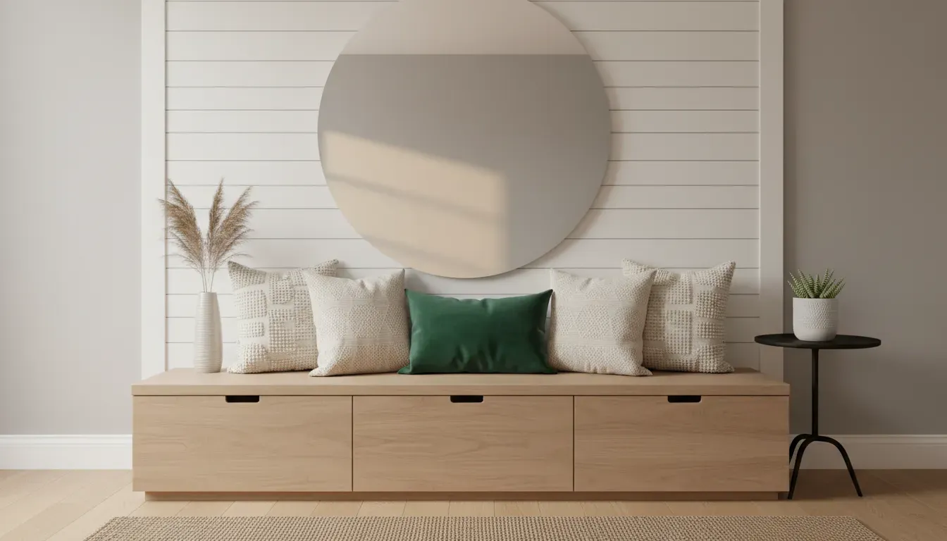 A stylish entryway featuring a bench with storage, decorative pillows, and a large round mirror above