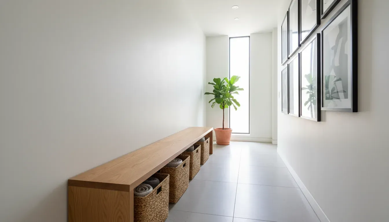 A narrow hallway featuring a slim profile wooden storage bench with baskets underneath