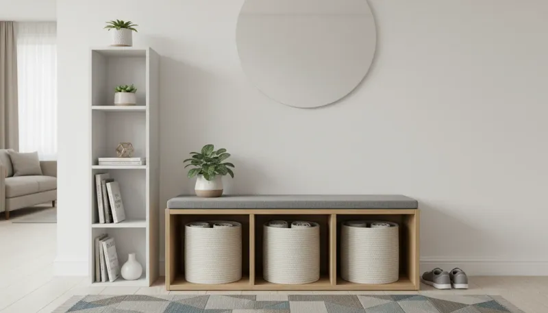 A stylish, modern entryway bench with lower cubby storage and a cushioned top in a well-lit apartment hallway