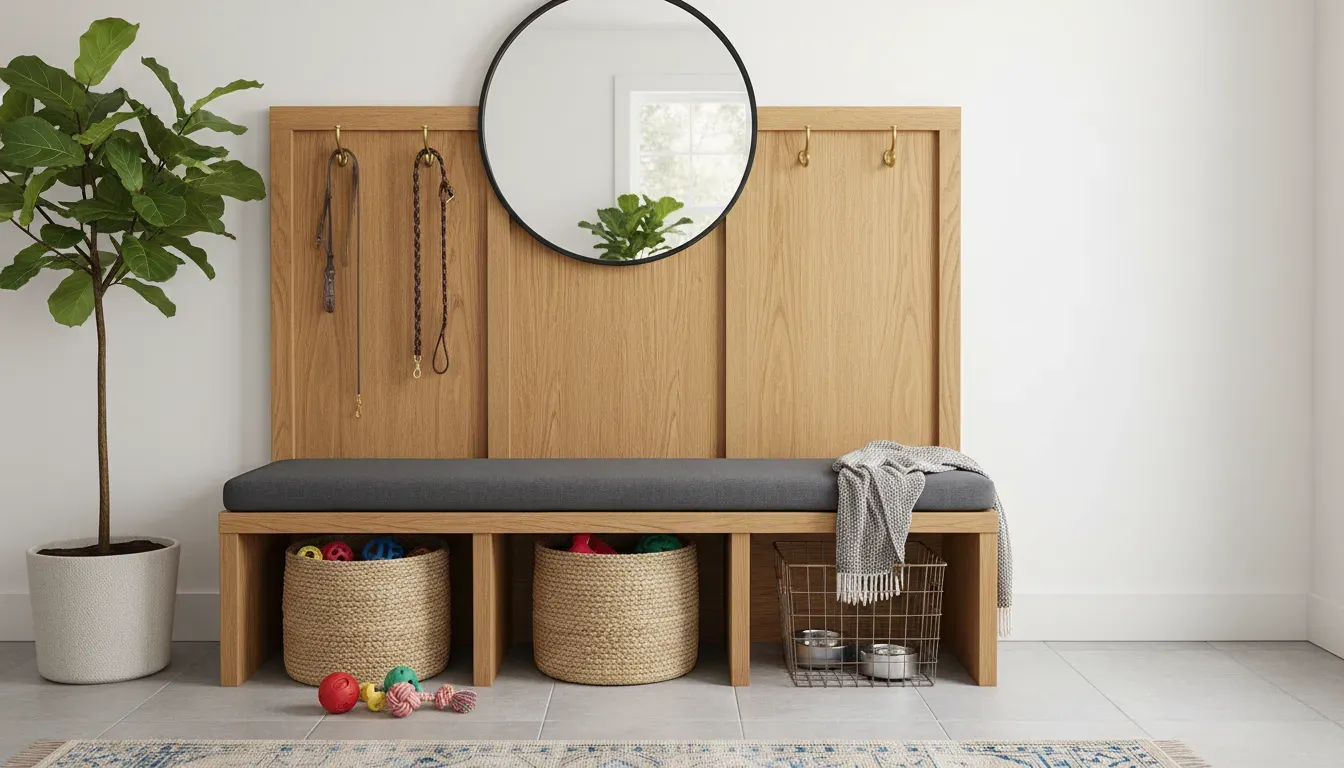 A stylish wooden hall tree with a bench seat, featuring hooks for leashes and baskets underneath for toy storage