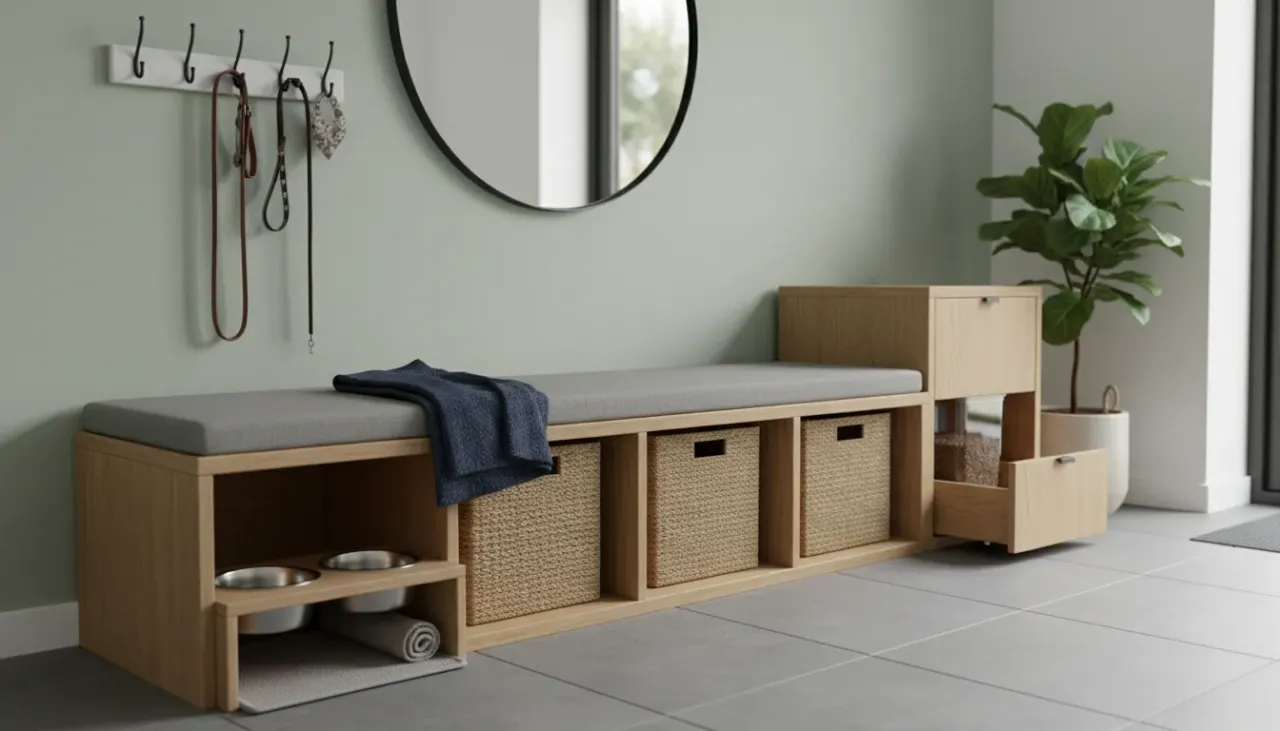 A modern entryway bench featuring built-in storage drawers and a dedicated sleeping nook for a small dog.