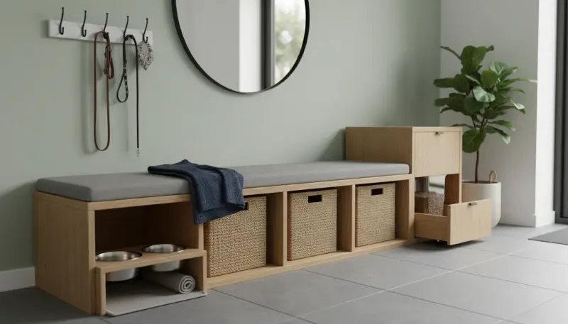 Entryway Benches with Storage That Double as Pet Stations
