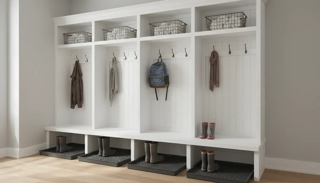 A side-angle view of a mudroom locker system showing wire baskets in overhead cubbies and boot trays on the floor