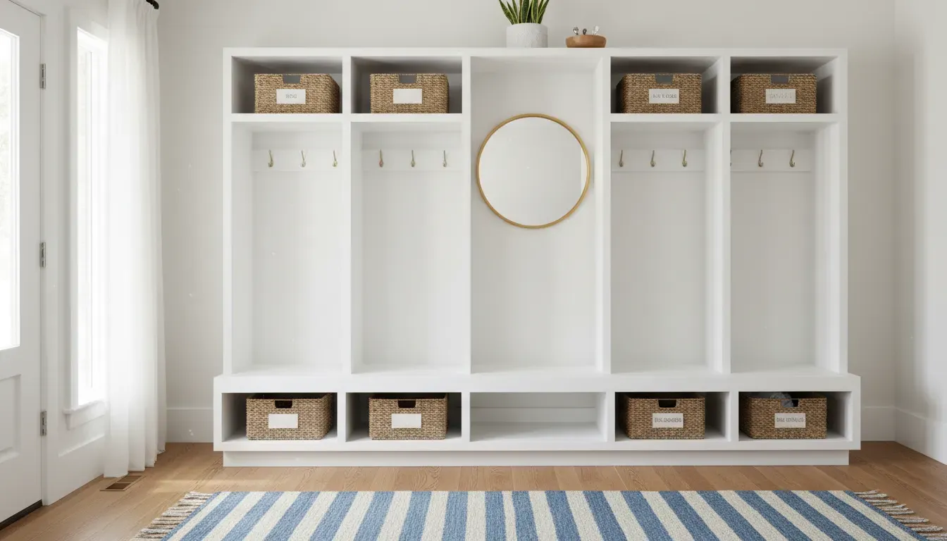 A bright, organized entryway with a white locker system, featuring labeled baskets and a runner rug