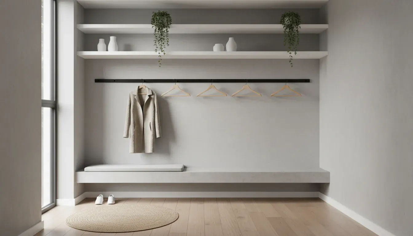 Minimalist entryway showing vertical zoning with high shelves and lower hooks
