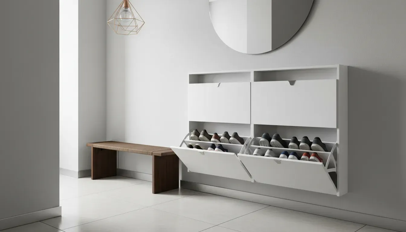 Modern tilt-out shoe cabinet anchored to a wall in a narrow hallway