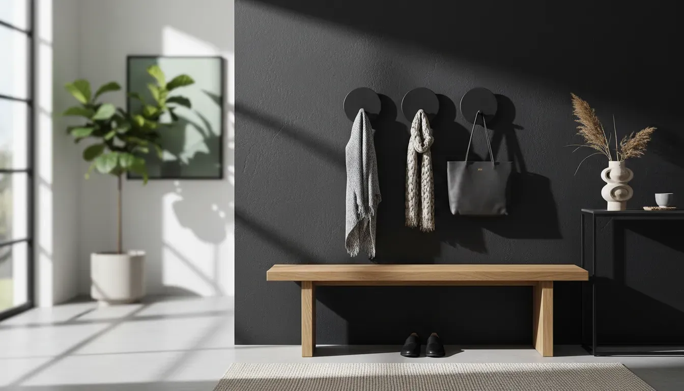 Modern entryway featuring a sleek wooden bench and matte black wall hooks