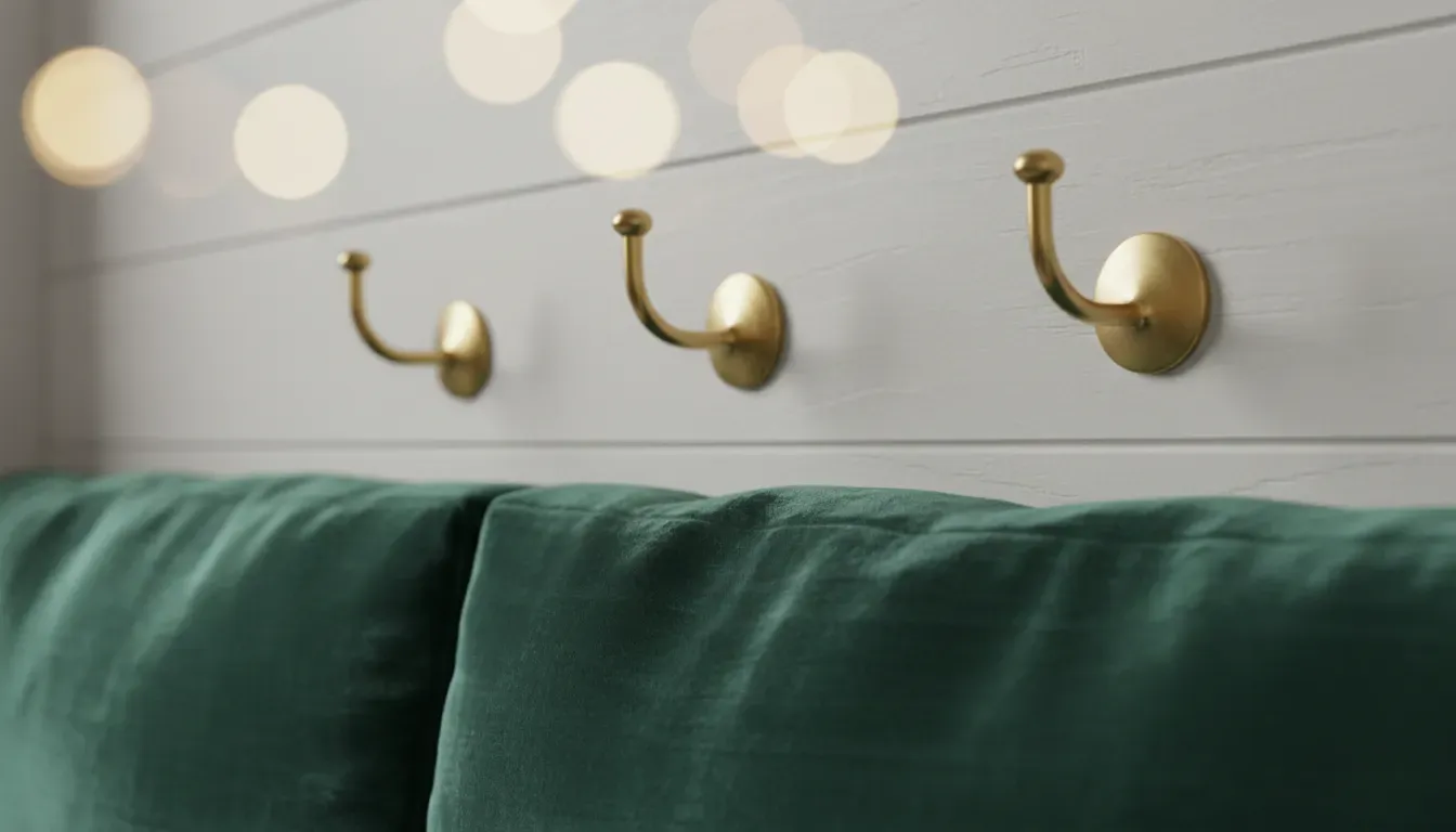 Close up detail of brass hooks on shiplap backing with a velvet bench cushion