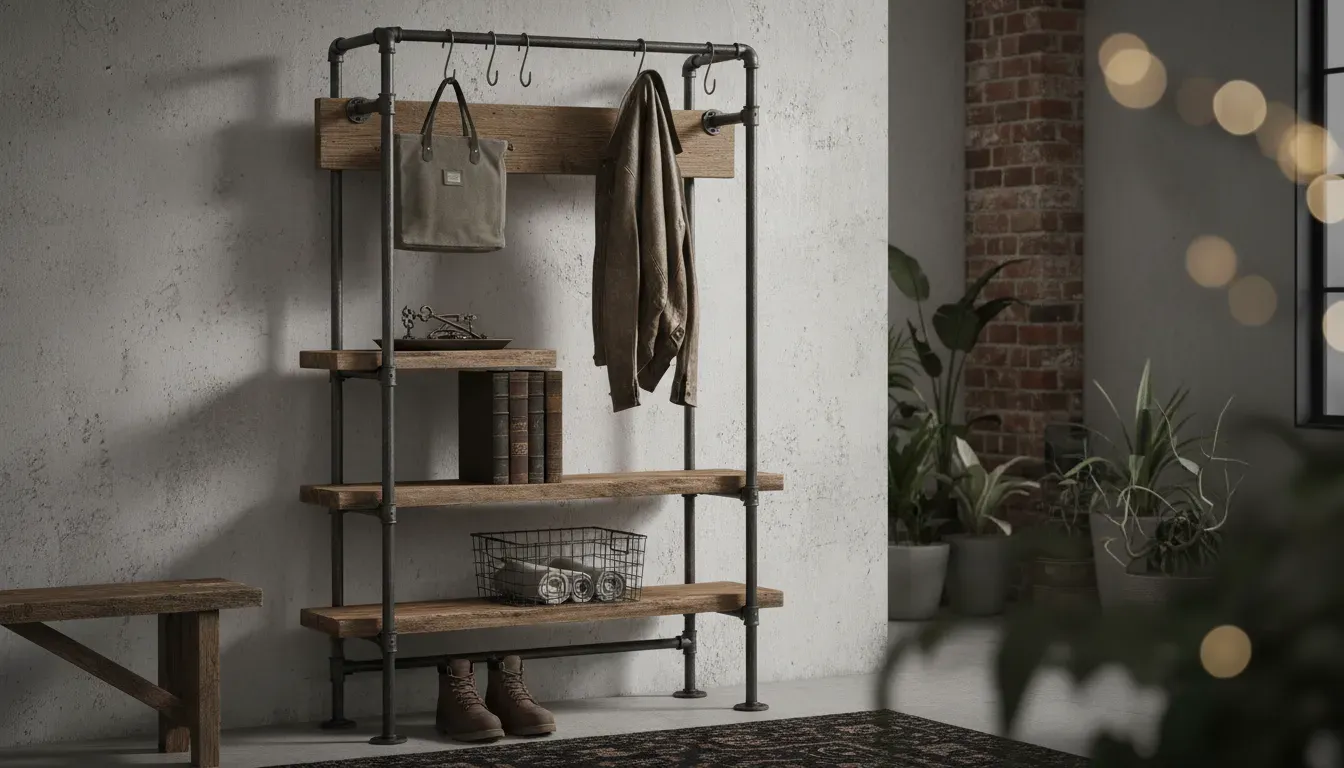 Industrial style entryway rack with metal pipes and reclaimed wood shelves