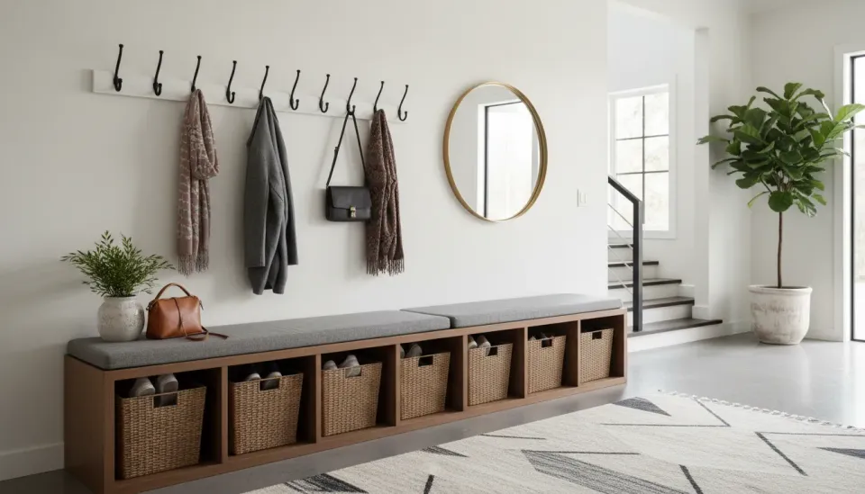 Entryway Organization Systems That Include Seating and Wall-Mounted Hooks