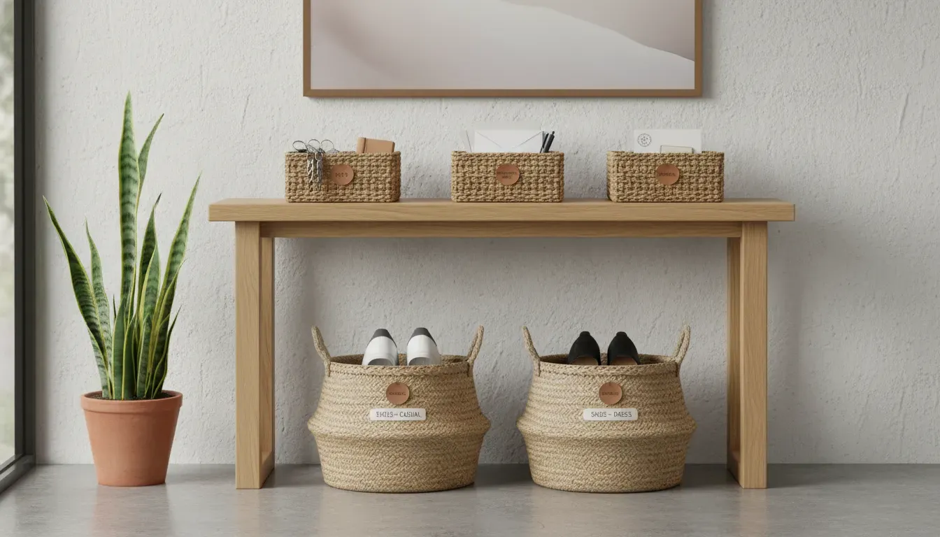 A stylish console table featuring categorized small baskets for keys and mail alongside large floor baskets for shoes