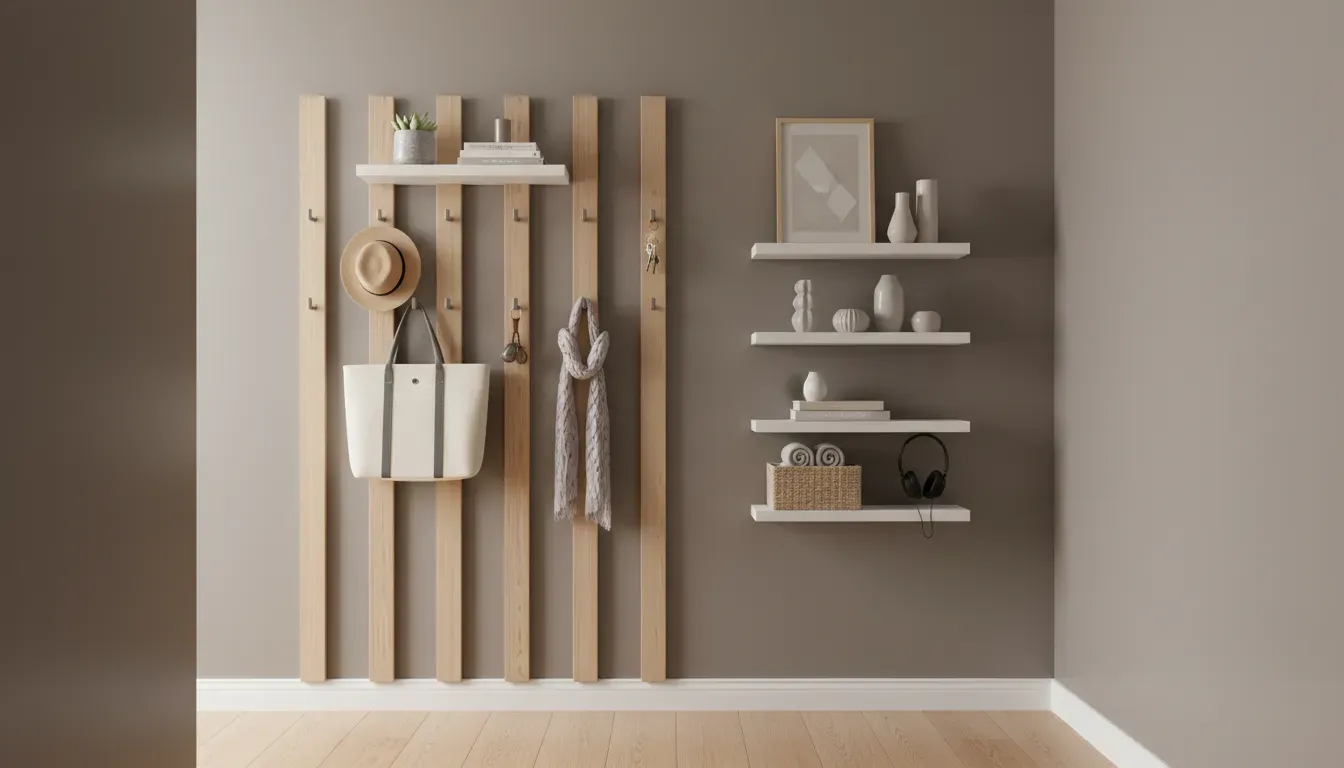 A vertical wall organization system featuring staggered hooks and shallow floating shelves in a narrow hallway