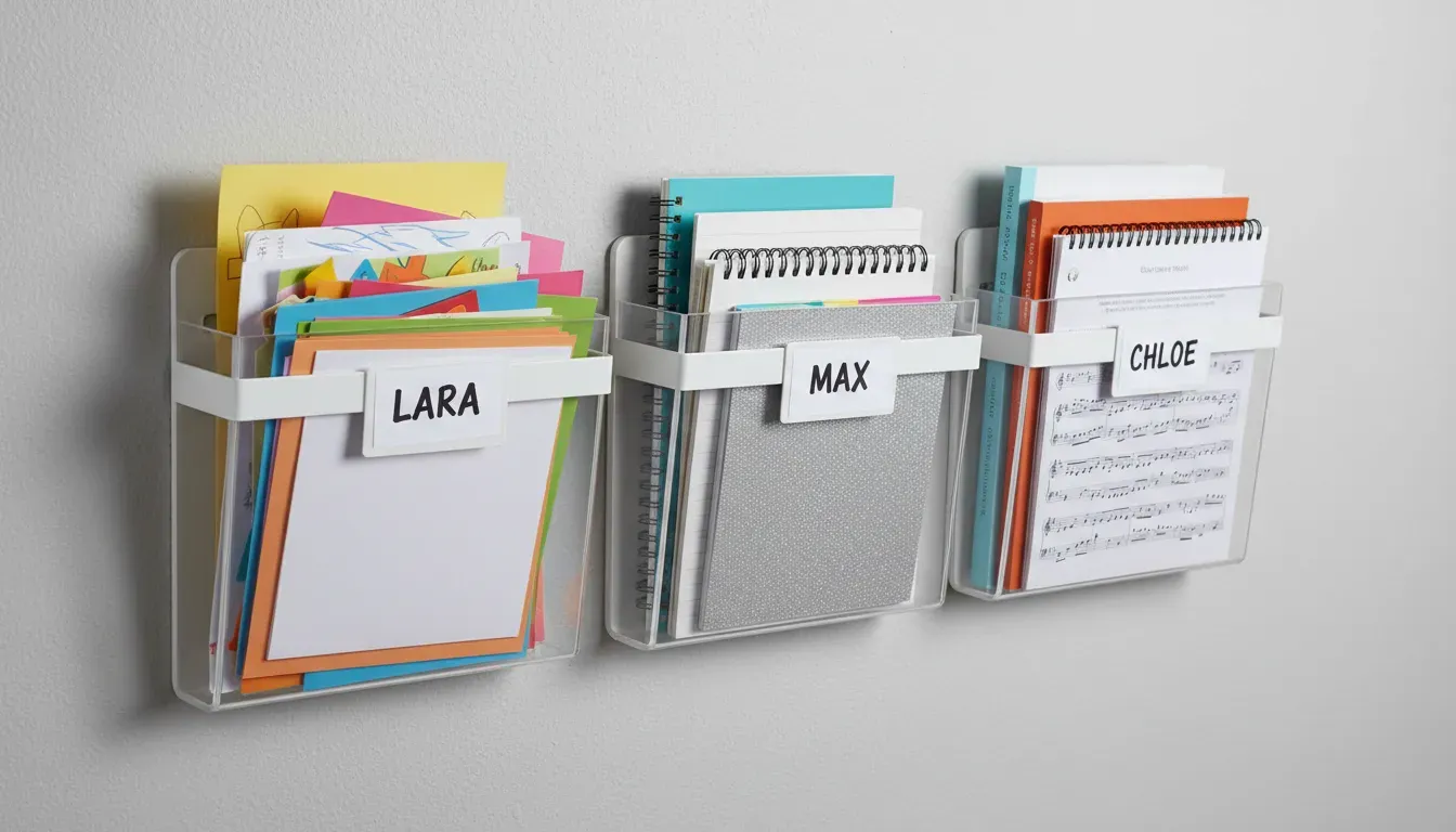 Close up of wall mounted file organizers labeled with children's names containing school papers