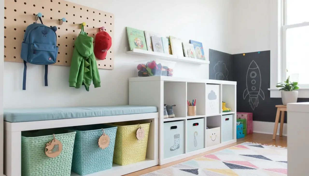 A tidy and stylish small entryway featuring low hooks and labeled shoe baskets designed for children.