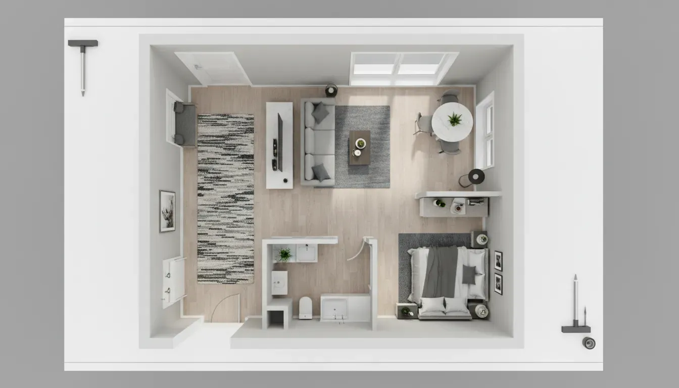 A top-down view of a studio apartment floor plan showing a runner rug effectively separating the entrance area from the living space