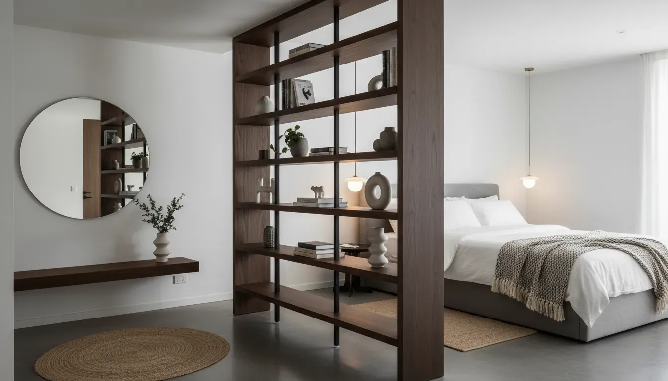 An open shelving unit acting as a room divider between an entryway and a bedroom in a studio apartment