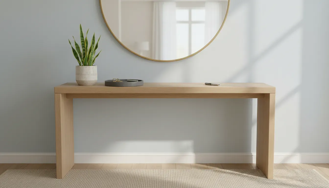 Detail shot of a styled console table with a catch-all tray, a plant, and a mirror reflecting natural light