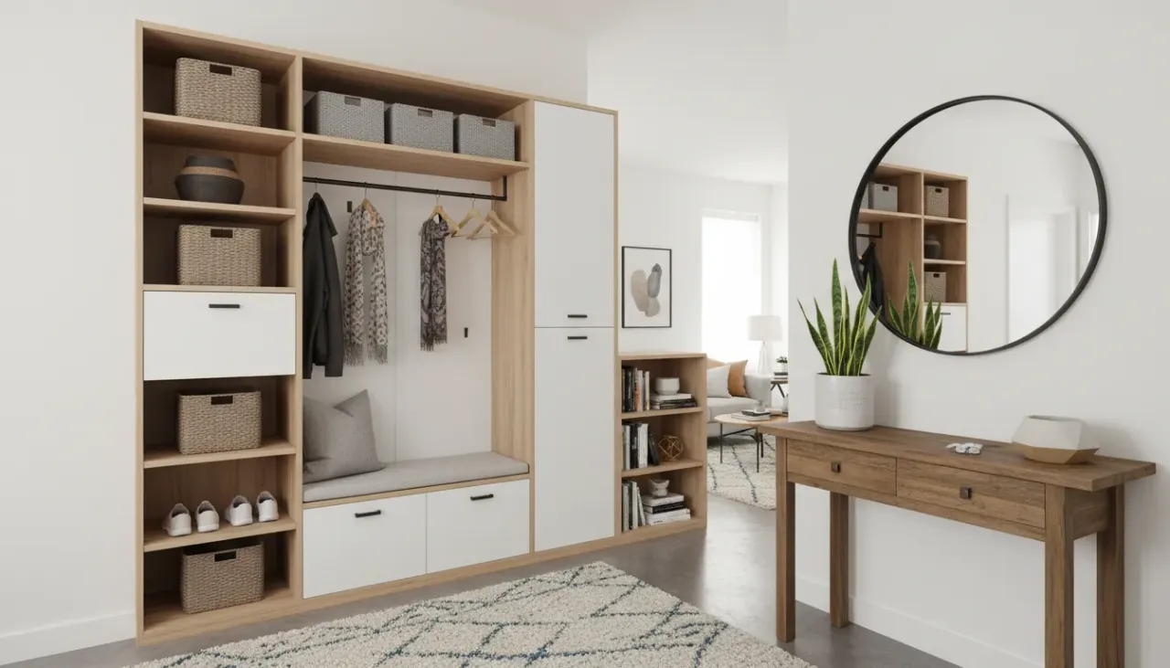 A stylish, organized entryway in a modern studio apartment featuring a slim shoe cabinet, a round mirror, and a runner rug defining the space.