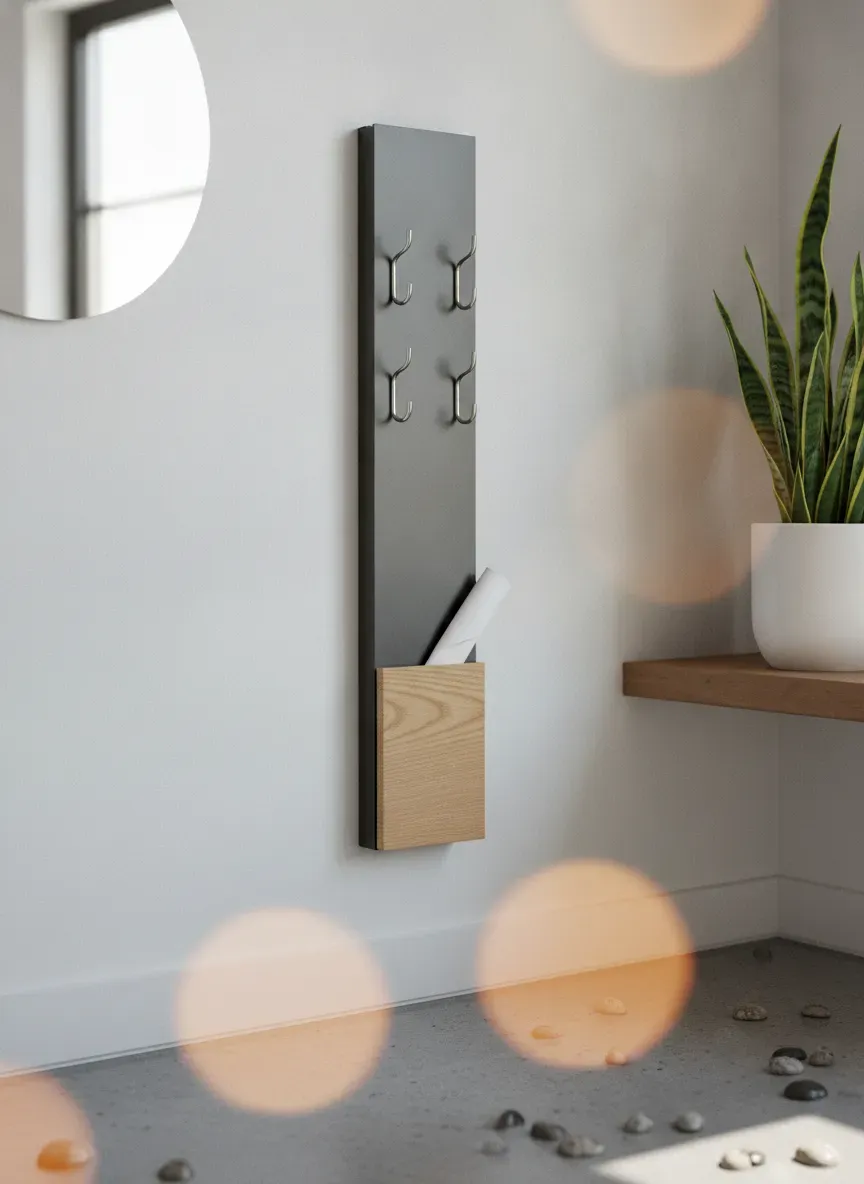 Sleek vertical wall organizer with hooks and mail slot in a minimalist small entryway
