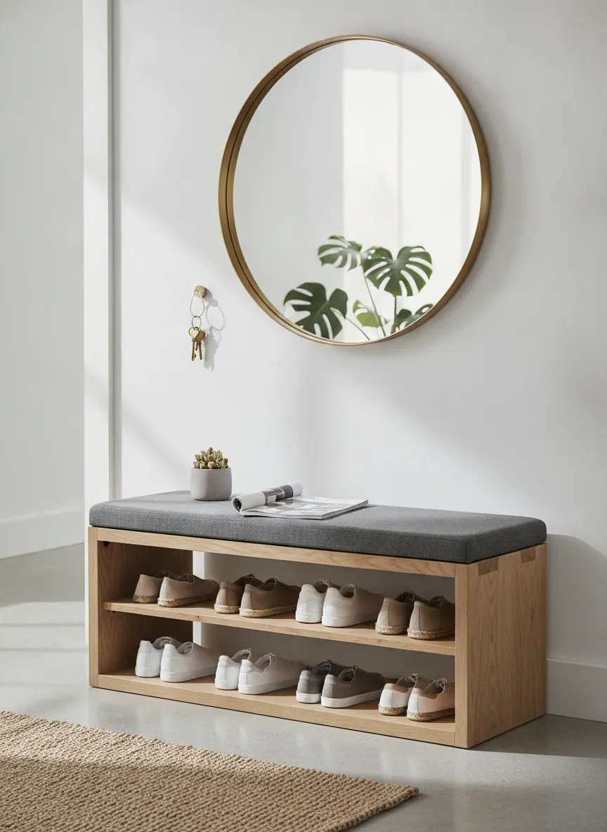 Smart double-duty shoe storage bench paired with a large round mirror