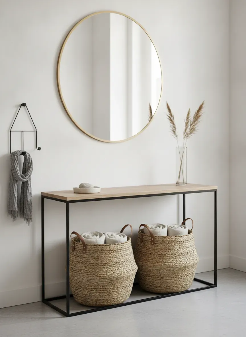 An organized minimalist entryway featuring a slim console table and woven storage baskets underneath