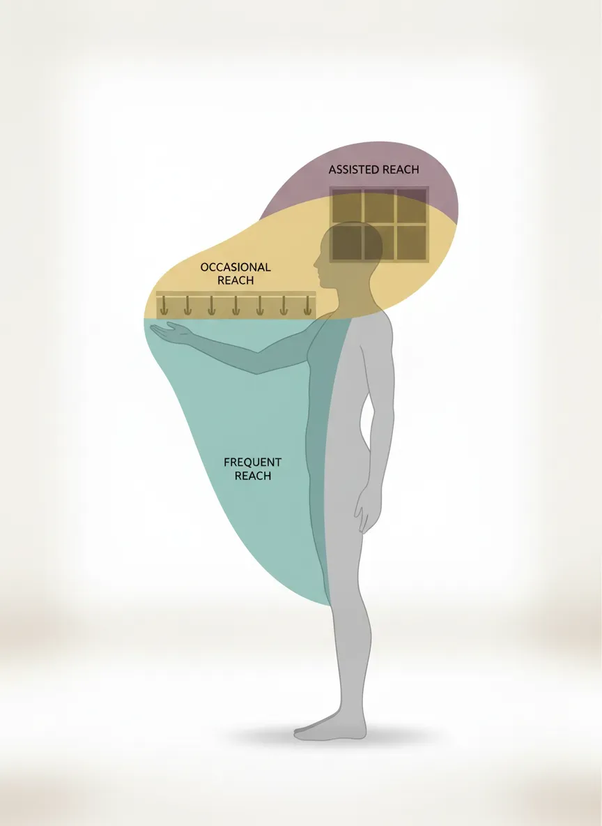 Side profile diagram illustrating human reach zones for entryway hooks, cubbies, and overhead shelving based on standard anthropometric data.