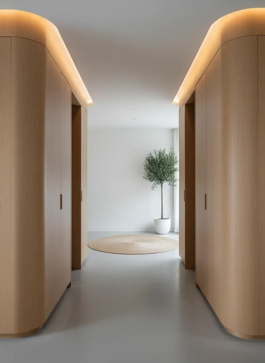 A visually balanced entryway featuring recessed built-in cabinetry, smooth radius edges, and ample floor space for unobstructed foot traffic.