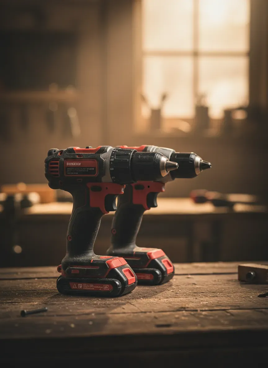 Close up of a cordless drill and impact driver on a wooden workbench