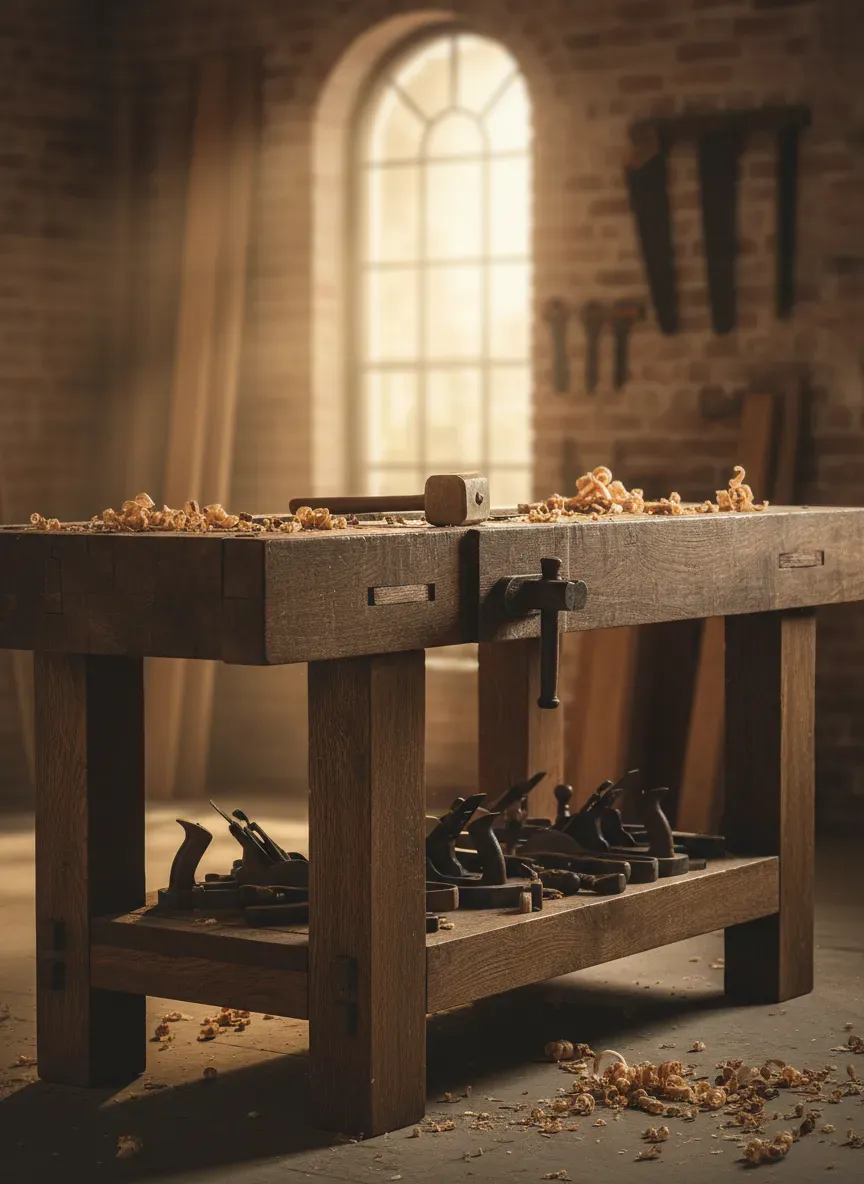 Stout Roubo style workbench showing massive timber construction
