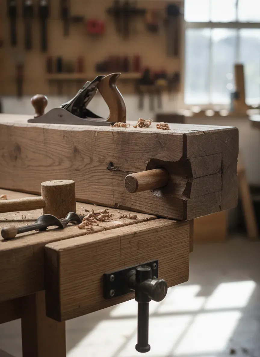 Detailed view of a drawbored mortise and tenon joint on a workbench leg