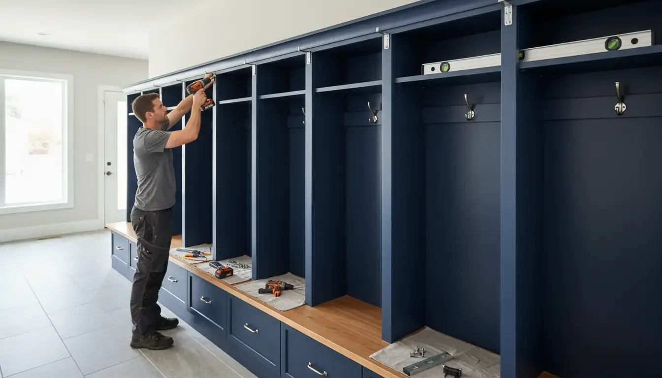 A contractor installing safety brackets on a row of navy blue mudroom lockers, using a cordless drill and a level to ensure perfect alignment.