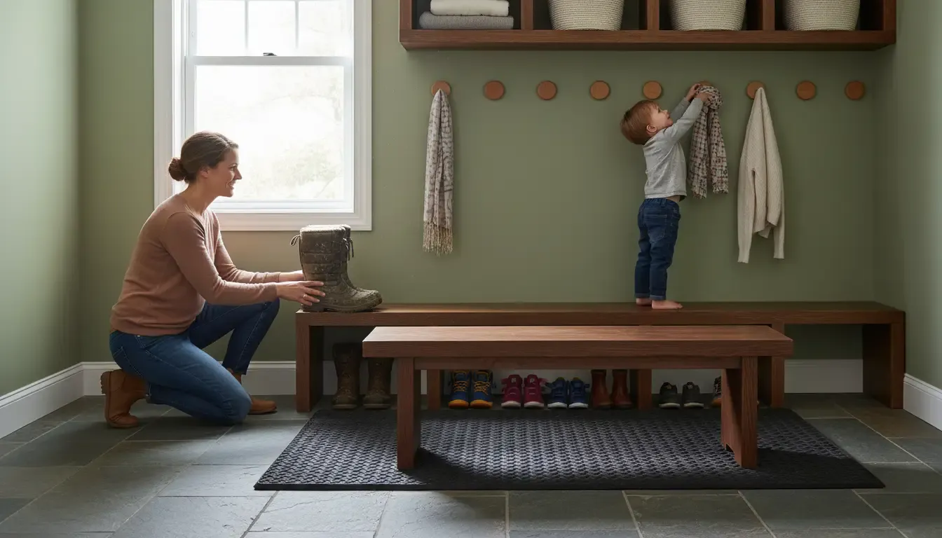A parent and child organizing a safe mudroom, with the parent placing heavy boots on the bottom shelf and the child hanging a light scarf, illustrating safe weight distribution.