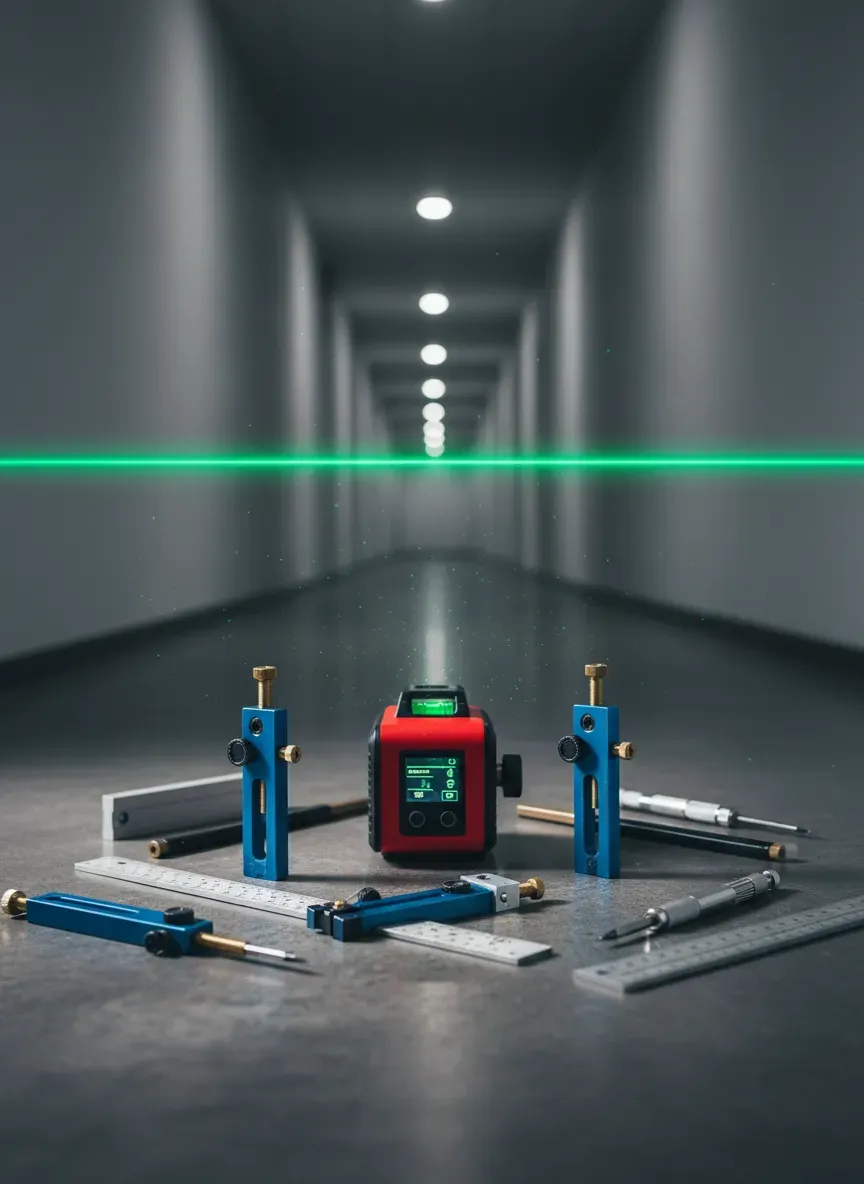 A collection of precision marking tools and a laser level projecting a line on a hallway wall
