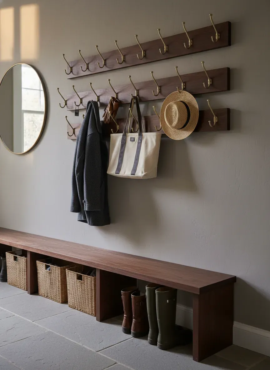Detailed diagram of a staggered coat rack configuration on a mudroom wall