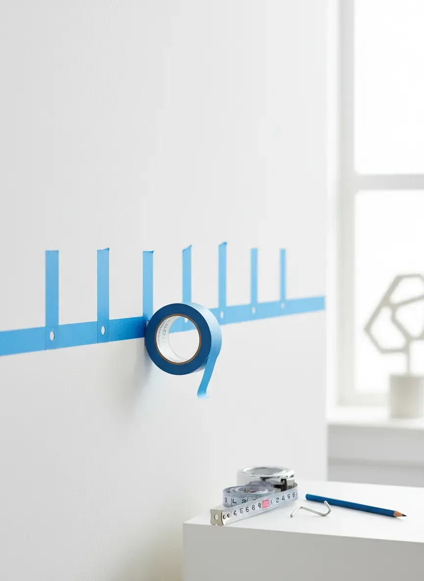 Applying blue painter's tape to a wall to mark hook placements accurately