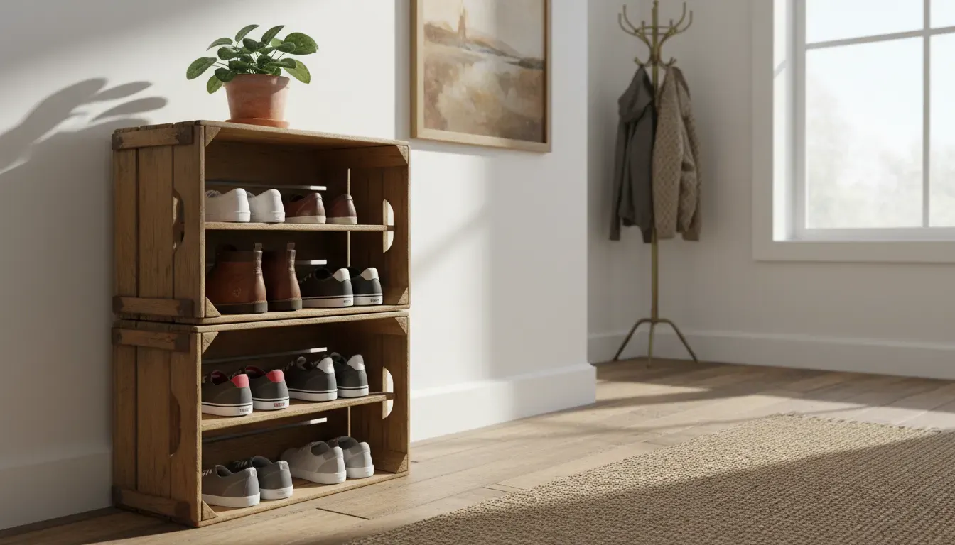 Vintage apple crates stacked to form a rustic shoe rack in a hallway