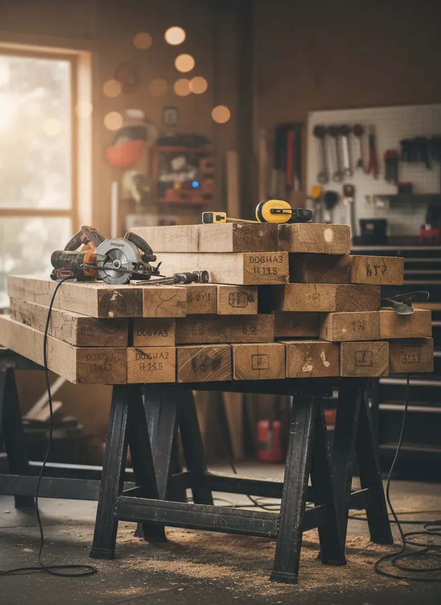 Heavy duty dimensional lumber stacked for a weekend power tool workbench build