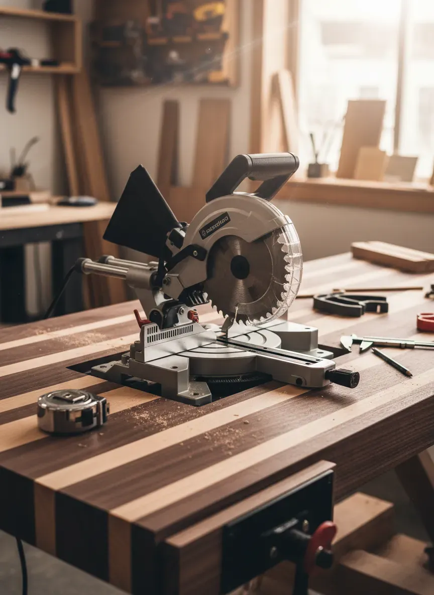 Flush mounted miter saw integrated into a custom wooden workbench top