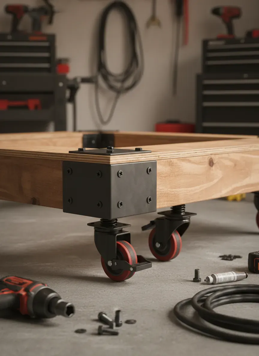 Retractable heavy duty casters installed on the base of a power tool workbench