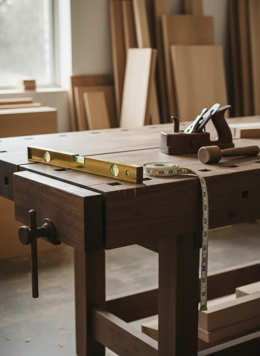Woodworker checking the ergonomic height of a custom Roubo workbench